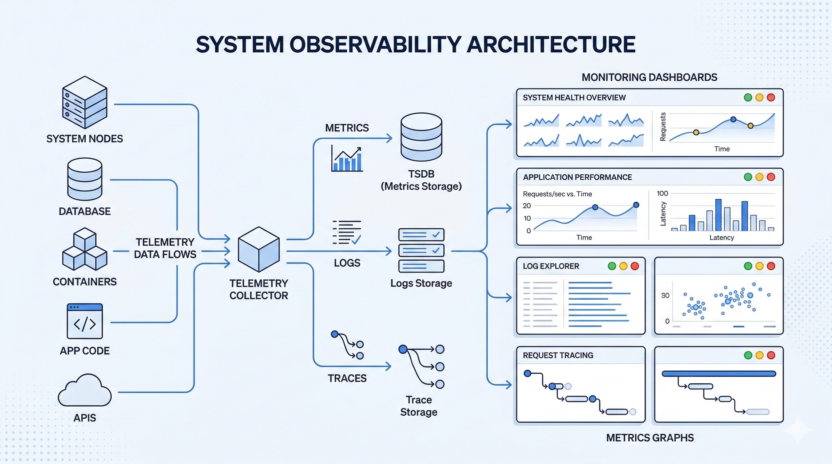 Observability architecture with metrics, logs, and traces